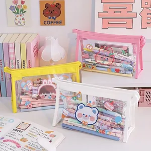 Clear large capacity cartoon pencil case in white, yellow and pink triangular style