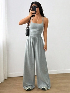 Women Jumpsuit Halter Neck Sleeveless Wide Leg High Ruched Waist Backless Milk Satin Polyester Casual Summer