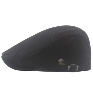 Detail of black cotton beret side view featuring an adjustable silver metal buckle