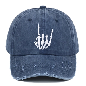 Distressed dark blue washed cotton baseball cap with white skeleton hand embroidery