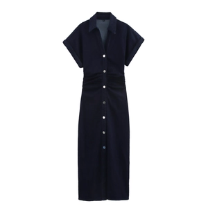 Robe Chemise En Jean Manches Courtes Mélange Coton Couleur Unie Taille Plissée Boutonnée Élégante Midi Femmes