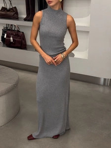 Women Elegant Rib Knit Sleeveless High Neck Top And Maxi Skirt Slim Fit Streetwear Minimalist Co-ords