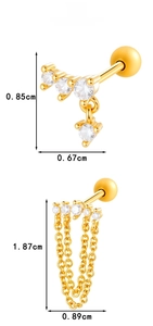 Detail view of gold titanium steel studs with zircon stones and chain tassel dimensions