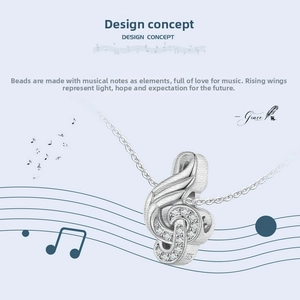 Detailed macro view of S925 sterling silver music note pendant with sparkling cubic zirconia