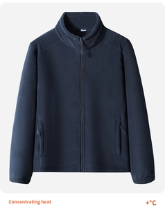 Detail of navy fleece jacket showing full zip collar and heat-trapping texture