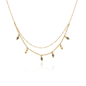 Double-layer gold plated titanium steel necklace with blue beads and vintage pendants