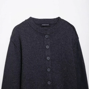 Women's dark grey knit cardigan with round neck and classic button closure