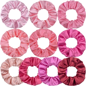 Set of 10 gradient pink satin hair scrunchies with smooth silky texture and glossy finish