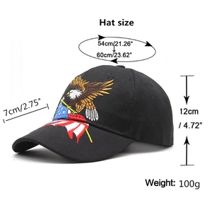 Black baseball cap with American eagle flag embroidery shown at a 45-degree angle view