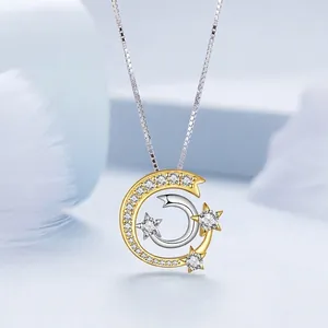 S925 sterling silver moon and star necklace with sparkling cubic zirconia on box chain