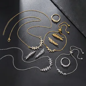 Fashion Copper Rhinestone Jewelry Set Wheat Ear Heart Leaf Pendant Necklace Bracelet Earrings Ring For Women Valentine Gift