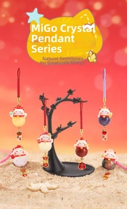 Detailed set of cat crystal pendants with natural gemstones and woven straps for bags