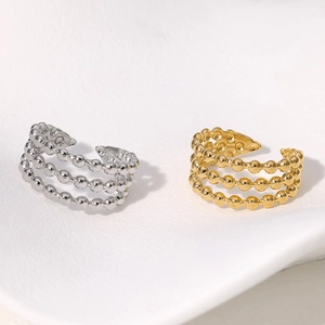 Minimalist three-layer beaded stainless steel open ring in gold and silver finishes