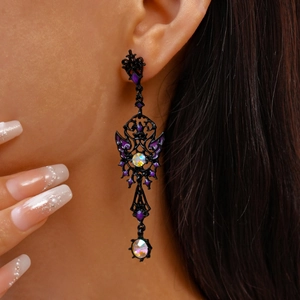 Gothic Butterfly Water Drop Pendant Earrings Alloy Rhinestone Enamel With 925 Sterling Silver Earring Post Purple Vintage
