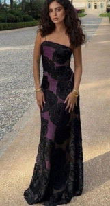 Detail of elegant purple gown with black rose lace embroidery and thin shoulder straps