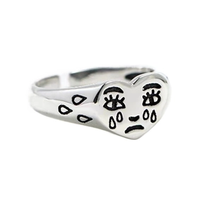 Vintage silver open ring with heart shape and engraved crying face emoticon detail