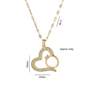 Golden heart-shaped necklace with crystals and micro ring pendant for women