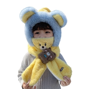 Winter plush bear hood and scarf set for children in yellow and light blue knit