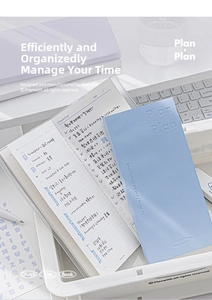Detail of PU leather daily planner with embossed logo and functional checklist layout