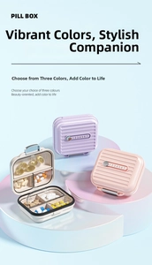 Detail of portable 7-day pill organizer with sliders and transparent inner lid