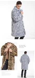 Detailed views of luxury leopard print faux fur long coat with double breasted lapel collar