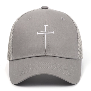 Grey trucker cap with white nail-style cross embroidery and breathable mesh back
