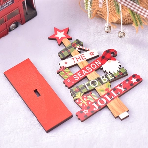 Christmas tree wooden tabletop ornament with red slot base and festive Santa motifs