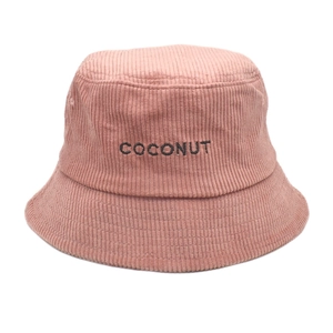 Detail of corduroy bucket hat with COCONUT embroidery in dusty pink fabric