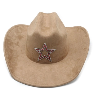 Close-up of khaki suede cowboy hat featuring a sparkling rhinestone star embellishment