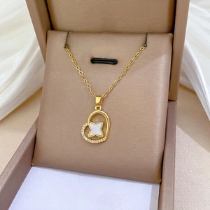 Heart Star Pendant Necklace With Titanium Steel Chain And Copper Zirconia Inlaid Mother Of Artificial Pearl For Women
