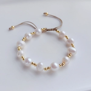 Multilayer rainbow clay and pearl beaded bracelet with adjustable cord for women
