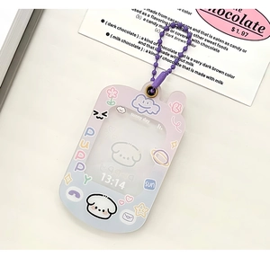 Detail view of a purple acrylic photo card holder with cute puppy and star patterns