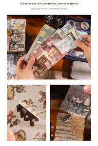 Detailed close-up of a 125-piece vintage scrapbooking kit with earthy tones and butterfly motifs
