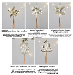 Detailed view of golden Christmas tree ornaments featuring stars, flakes and bell tassels