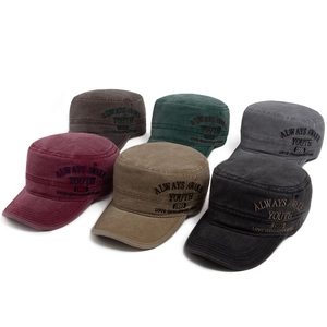 Washed cotton military flat top caps with vintage embroidery in six assorted colors
