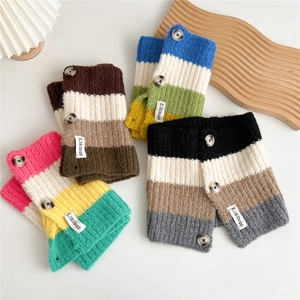 Women's striped knit cowl scarf with buttons in various autumn colors and rib texture