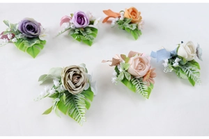 Detailed set of 6 artificial rose corsages and boutonnieres in various colors for weddings