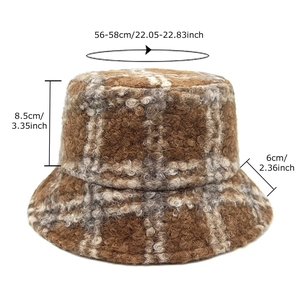 Winter teddy fleece bucket hat with plaid pattern and 56-58cm head size measurements