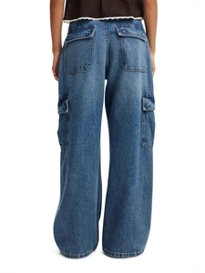 Women's baggy cargo jeans in washed dark blue denim with functional large pockets