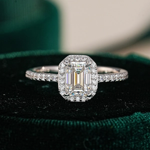 Luxury S925 Sterling Silver Moissanite Ring For Women Emerald Cut Halo Engagement Jewelry Silver Geometric Finger Ring Wedding Gift