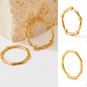 Fashion Stainless Steel Ring Heart And Bamboo Design Gold Plated Retro Minimalist Jewelry For Women Non Fading