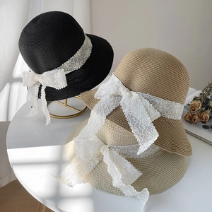 Women Straw Bucket Hat Lace Ribbon Bow Sunscreen Beach Summer Vacation French Retro Breathable