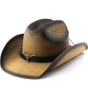 Chapeau De Cowboy Western Rétro Paille De Papier Tissé Bord Large Protection Solaire Extérieur Voyage Délavé Avec Décor Métal Tête De Taureau