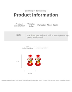 Detail of red Xi character earrings with white flowers and alloy material specs