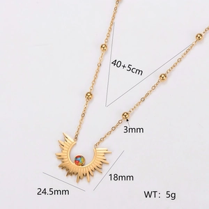 Gold stainless steel necklace with sunburst semi-circle pendant and colorful beads