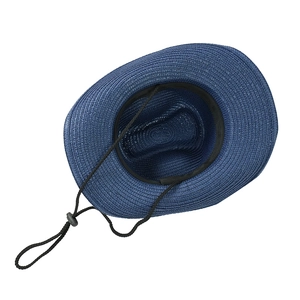 Detail view of woven straw hat featuring inner sweatband and adjustable chin strap cord