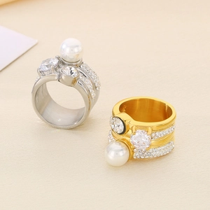 Chic silver and gold stainless steel ring set with faux pearls and sparkling rhinestones