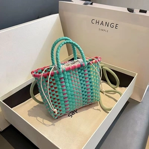 Colorful Hand-Woven Bucket Bag Crossbody Handbag With Drawstring Liner For Women Summer Beach Vacation Travel