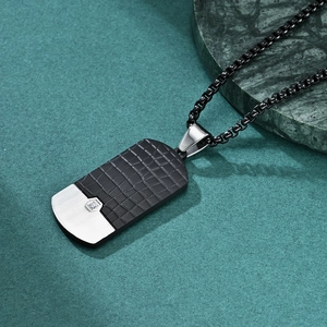 Men's rectangular pendant necklace with black alligator texture and clear gemstone