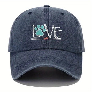 Unisex navy blue washed cotton baseball cap with LOVE and paw print embroidery